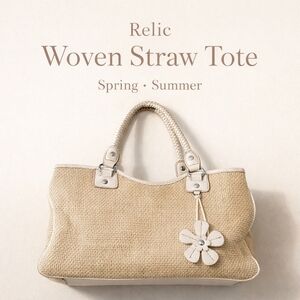 Relic Woven Straw Tote White Braided Handles Floral Charm Spring Summer Bag